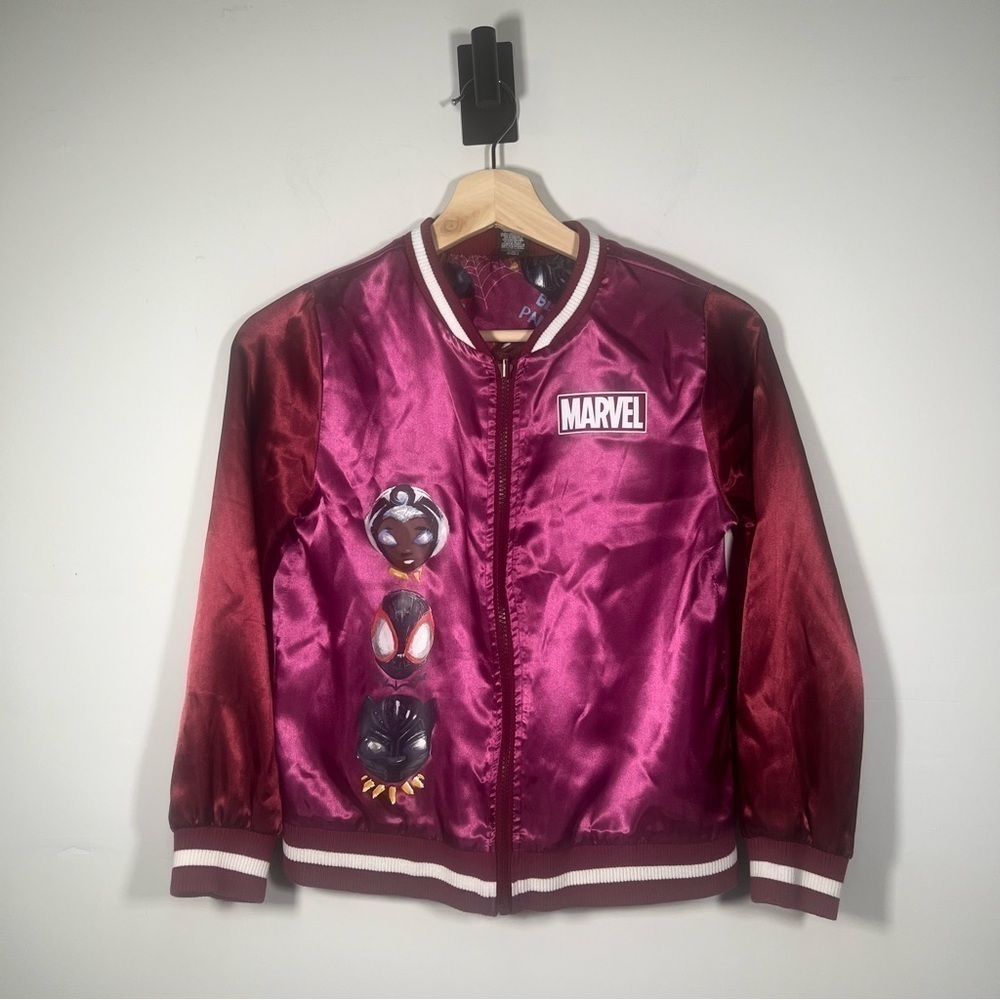 MARVEL Jacket Varsity Purple Bomber Girl’s Large 10/12 Black Panther Spider-Man